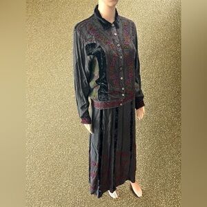 Vintage 1980s hippie BoHo velvet embroidered two piece skirt set-XL